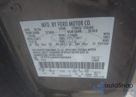 2006 Ford F150 z USA, uszkodzony, nr VIN 1FTPX14586FB50885